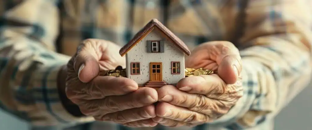 ידיים של גבר מבוגר מחזיק דגם של בית עם רעפים כחלק מהיתרון של משכנתא פנסיונית