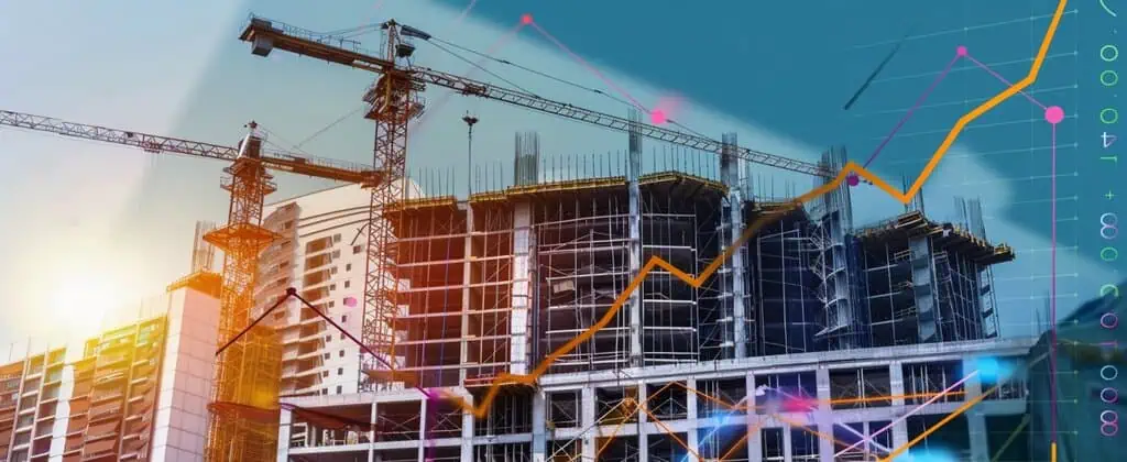 גרף עולה על רקע של בניין המתאר את תחזית מדד תשומות הבניה לשנת 2024